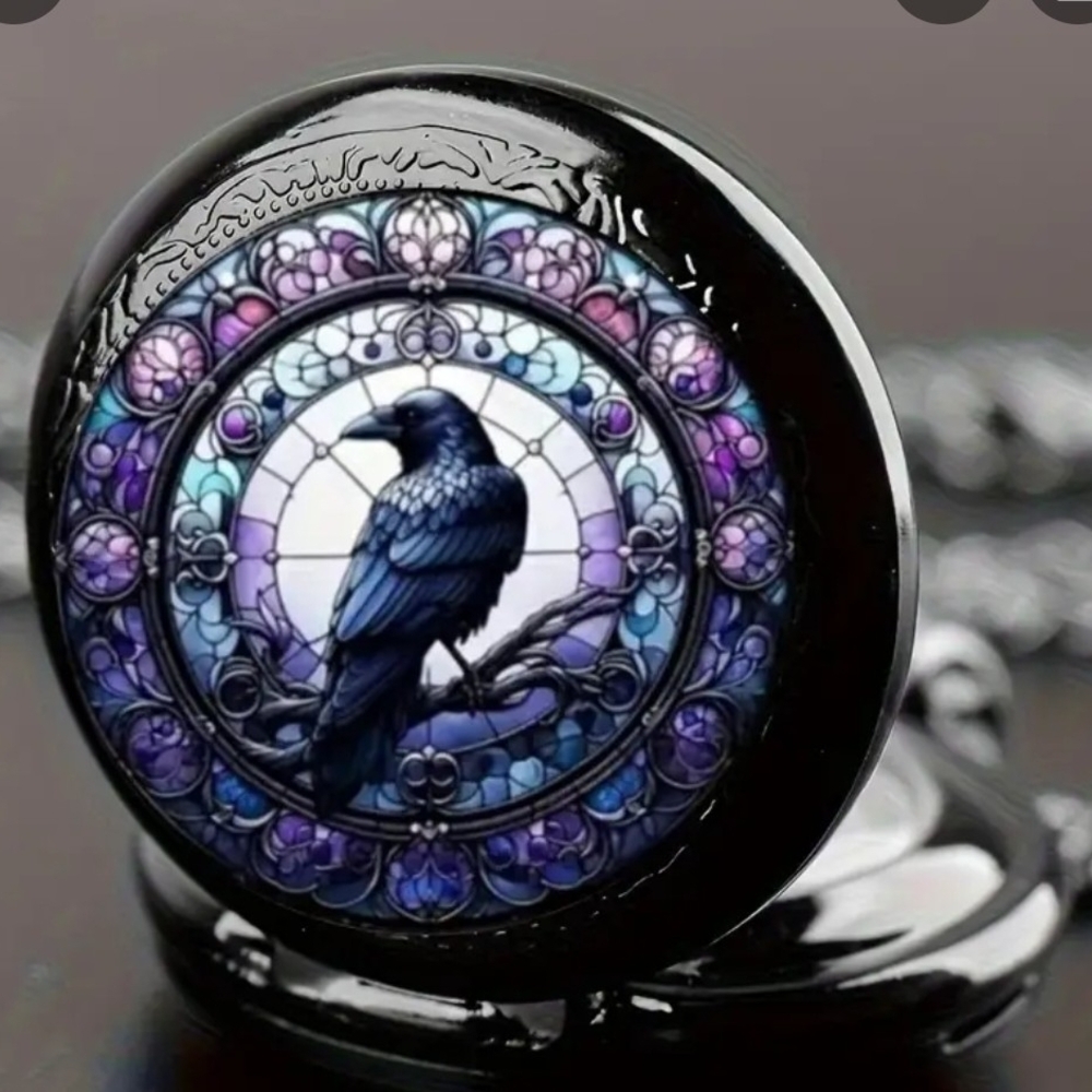 Black Pocket Watch with Raven Design - Picture 3 of 5